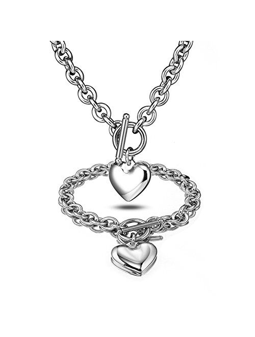 Heart Pendant Necklace and Bracelet Chain Stainless Steel Silver Drop White Jewelry Set