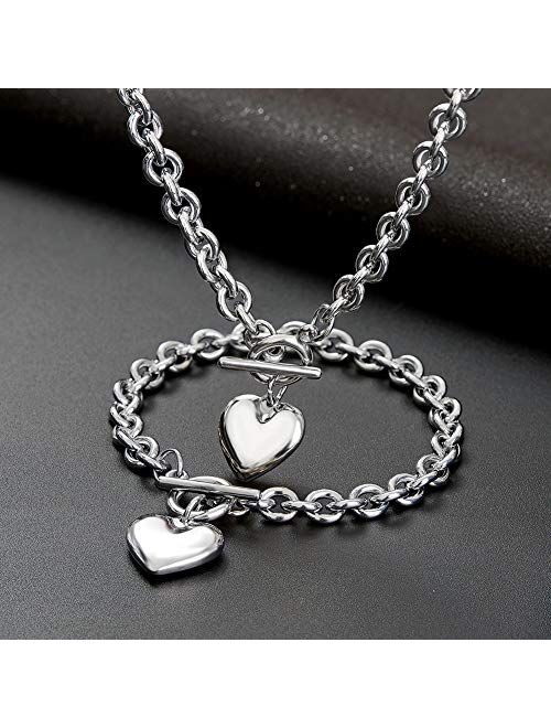 Heart Pendant Necklace and Bracelet Chain Set,Stainless Steel Love Heart Pendant Choker and Bracelet,Gift for Women & Girls(Sliver)