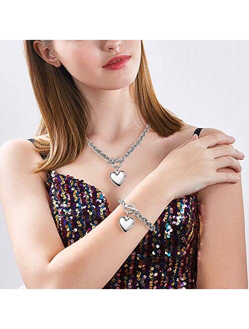 Heart Pendant Necklace and Bracelet Chain Set,Stainless Steel Love Heart Pendant Choker and Bracelet,Gift for Women & Girls(Sliver)