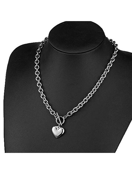 Heart Pendant Necklace and Bracelet Chain Set,Stainless Steel Love Heart Pendant Choker and Bracelet,Gift for Women & Girls(Sliver)