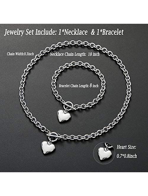 Heart Pendant Necklace and Bracelet Chain Set,Stainless Steel Love Heart Pendant Choker and Bracelet,Gift for Women & Girls(Sliver)