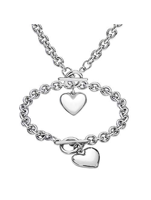 Heart Pendant Necklace and Bracelet Chain Set,Stainless Steel Love Heart Pendant Choker and Bracelet,Gift for Women & Girls(Sliver)