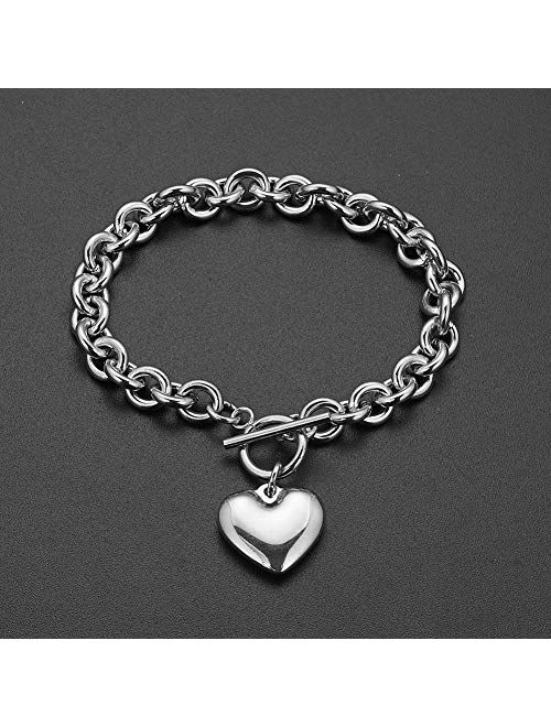 Heart Pendant Necklace and Bracelet Chain Set,Stainless Steel Love Heart Pendant Choker and Bracelet,Gift for Women & Girls(Sliver)