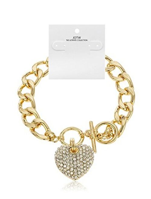 JOTW Heart Bracelet 12mm Cuban Link Toggle Chain Iced Out Sparkling Crystal Stones Bracelet for Women (S-1660)