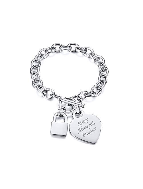 VNOX Personalized Initial Name Stainless Steel Trendy Cable Chain Bracelet Neckalce Set with Padlock Heart Charm and Toggle Clasp Closure