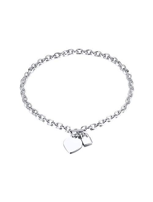 VNOX Personalized Initial Name Stainless Steel Trendy Cable Chain Bracelet Neckalce Set with Padlock Heart Charm and Toggle Clasp Closure