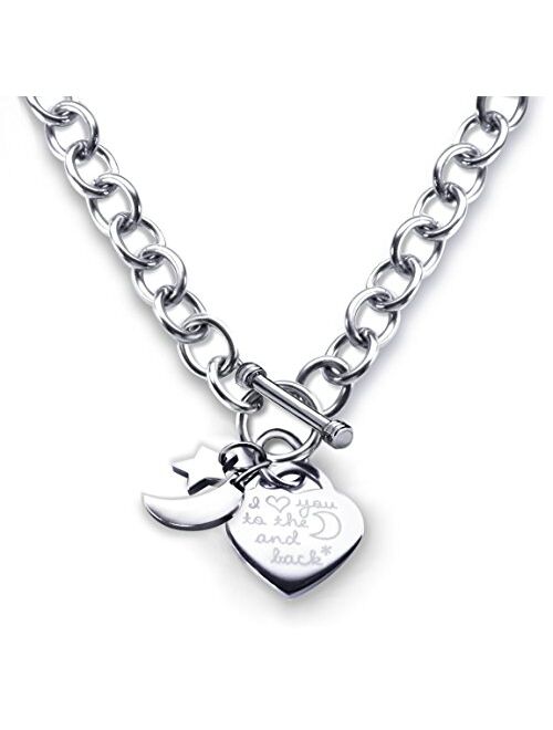 CoolRings Charm Heart Necklace I Love You to The Moon and Back Toggle Stainless Steel for Women Girls, 18"