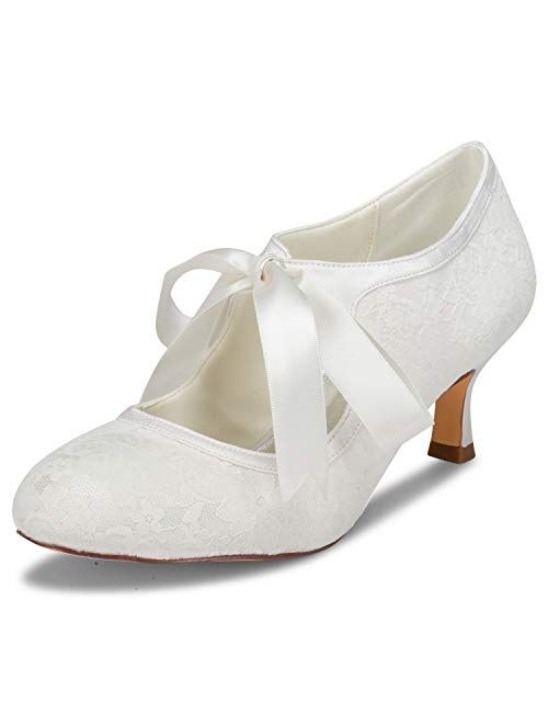 JIAJIA 140311 Stiletto Heel Lace Satin Pumps Ribbon Tie Bridal Wedding Shoes