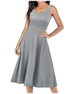 Meetjen 1950s Vintage Cocktail Wedding Prom Party Swing Dress V-Neck Sleeveless