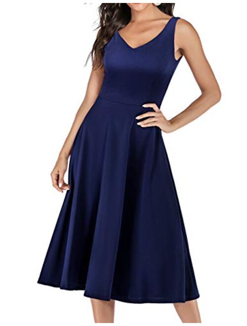 Meetjen 1950s Vintage Cocktail Wedding Prom Party Swing Dress V-Neck Sleeveless