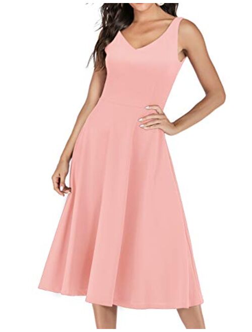 Meetjen 1950s Vintage Cocktail Wedding Prom Party Swing Dress V-Neck Sleeveless