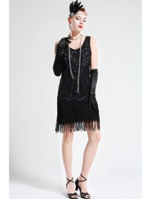 BABEYOND Women's Flapper Dresses 1920s V Neck Beaded Fringed Dress Great Gatsby Dress