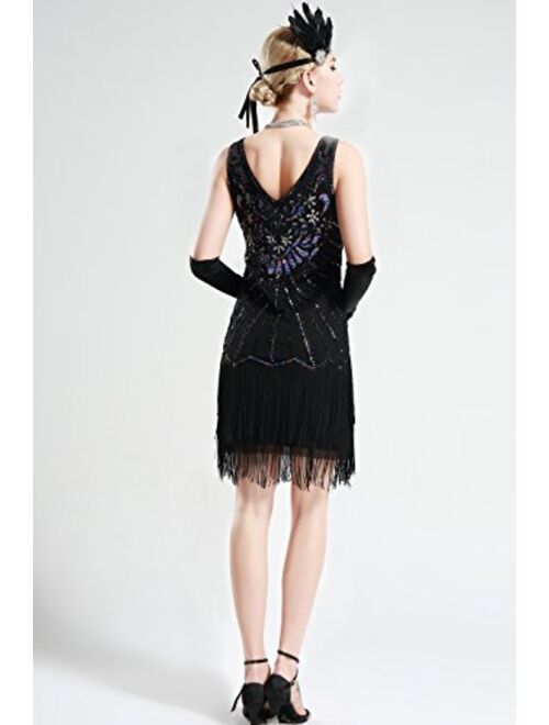 BABEYOND Women's Flapper Dresses 1920s V Neck Beaded Fringed Dress Great Gatsby Dress