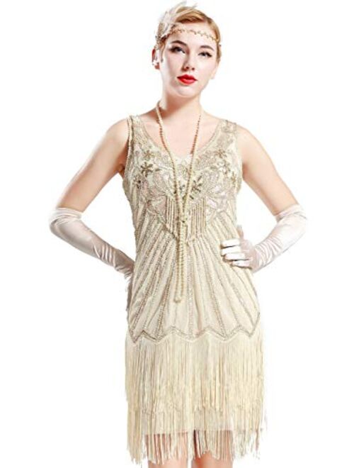 BABEYOND Women's Flapper Dresses 1920s V Neck Beaded Fringed Dress Great Gatsby Dress