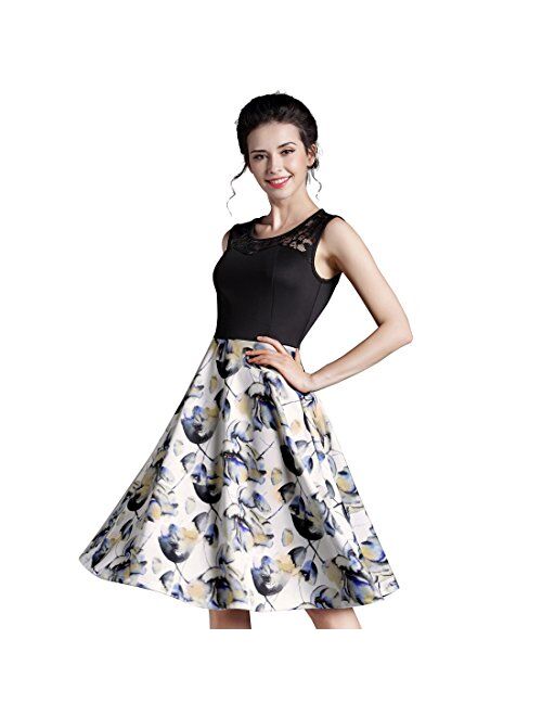 HOMEYEE Women's Vintage Chic Sleeveless Cocktail Party Swing Dress A008