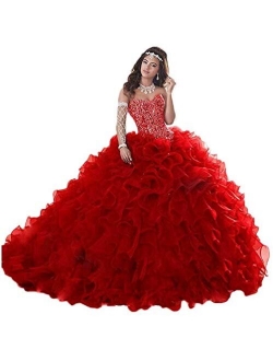 Wanshaqin Women's Heavy Beaded Sweetheart Ball Gowns Dresses Organza Ruffles Quinceanera Dresses for Sweet 16