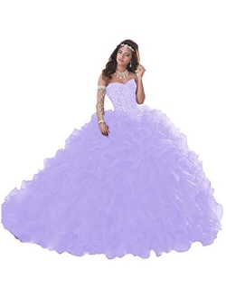 Wanshaqin Women's Heavy Beaded Sweetheart Ball Gowns Dresses Organza Ruffles Quinceanera Dresses for Sweet 16