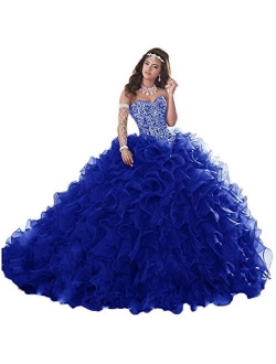 Wanshaqin Women's Heavy Beaded Sweetheart Ball Gowns Dresses Organza Ruffles Quinceanera Dresses for Sweet 16