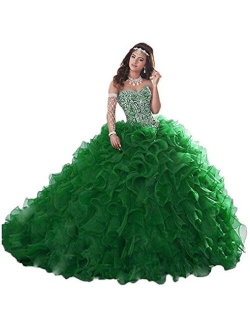 Wanshaqin Women's Heavy Beaded Sweetheart Ball Gowns Dresses Organza Ruffles Quinceanera Dresses for Sweet 16