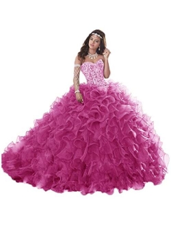 Wanshaqin Women's Heavy Beaded Sweetheart Ball Gowns Dresses Organza Ruffles Quinceanera Dresses for Sweet 16