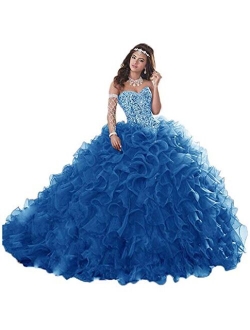 Wanshaqin Women's Heavy Beaded Sweetheart Ball Gowns Dresses Organza Ruffles Quinceanera Dresses for Sweet 16