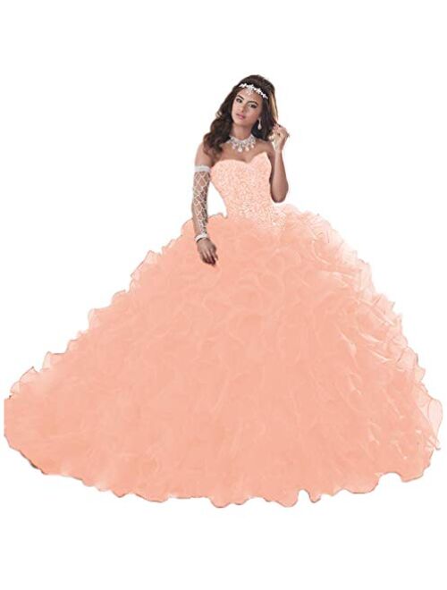 Wanshaqin Women's Heavy Beaded Sweetheart Ball Gowns Dresses Organza Ruffles Quinceanera Dresses for Sweet 16