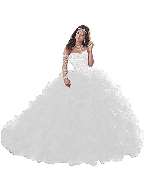 Wanshaqin Women's Heavy Beaded Sweetheart Ball Gowns Dresses Organza Ruffles Quinceanera Dresses for Sweet 16