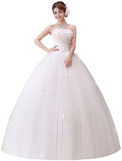 Clover Bridal 2017 Strapless Applique Beaded Pleats Ball Gown Wedding Dress Ivory Pure White