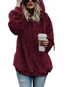 AMAOKYTOP Womens Oversized Sherpa Sweatshirt Fuzzy Fleece Soft Warm Pullover Sweater Zip Hoodie Pocket Coat