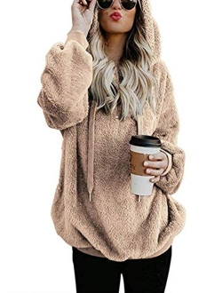 AMAOKYTOP Womens Oversized Sherpa Sweatshirt Fuzzy Fleece Soft Warm Pullover Sweater Zip Hoodie Pocket Coat