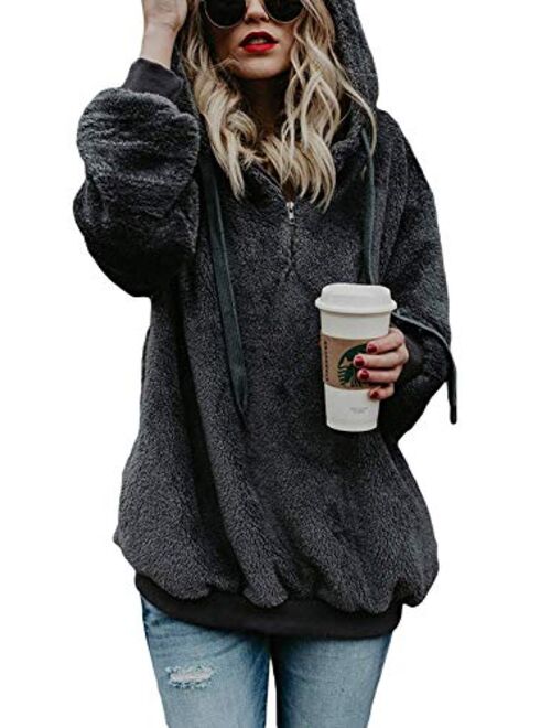 AMAOKYTOP Womens Oversized Sherpa Sweatshirt Fuzzy Fleece Soft Warm Pullover Sweater Zip Hoodie Pocket Coat