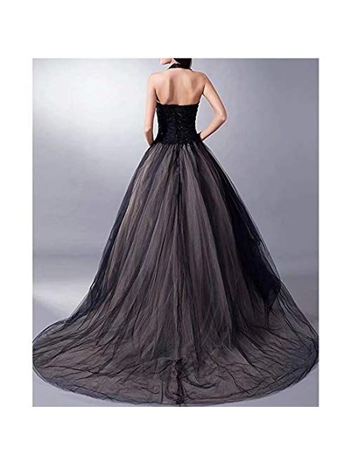 Fair Lady Gothic Black Ball Gown Wedding Dress Halter Beaded Appliques Long Evening Prom Dress 2020