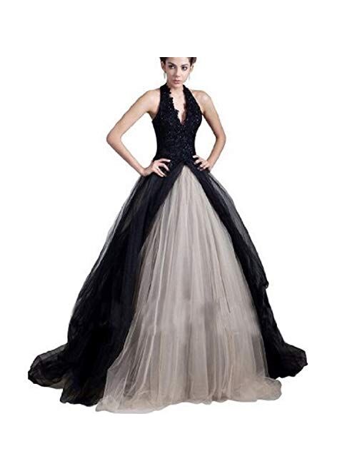 Fair Lady Gothic Black Ball Gown Wedding Dress Halter Beaded Appliques Long Evening Prom Dress 2020