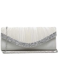 Women Satin Evening Bags Rhinestone Clutch Purses for Wedding Party Formal Dressy Handbag with Shoulder Chain