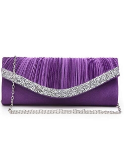 Women Satin Evening Bags Rhinestone Clutch Purses for Wedding Party Formal Dressy Handbag with Shoulder Chain