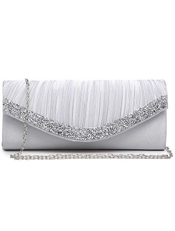 Women Satin Evening Bags Rhinestone Clutch Purses for Wedding Party Formal Dressy Handbag with Shoulder Chain