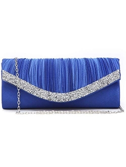 Women Satin Evening Bags Rhinestone Clutch Purses for Wedding Party Formal Dressy Handbag with Shoulder Chain