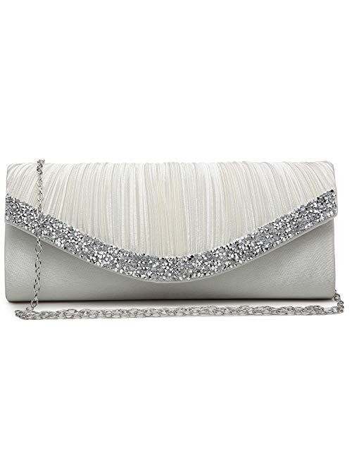 Dasein Women Satin Evening Bags Rhinestone Clutch Purses for Wedding Party Formal Dressy Handbag with Shoulder Chain