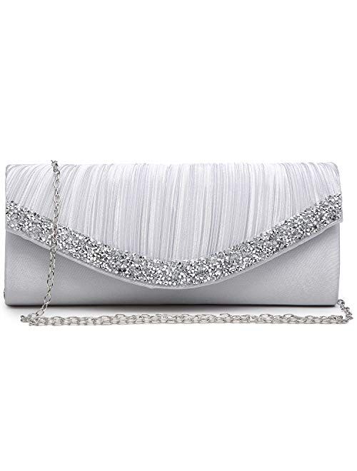 Dasein Women Satin Evening Bags Rhinestone Clutch Purses for Wedding Party Formal Dressy Handbag with Shoulder Chain