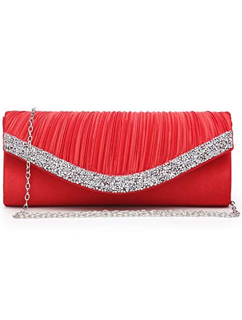 Dasein Women Satin Evening Bags Rhinestone Clutch Purses for Wedding Party Formal Dressy Handbag with Shoulder Chain