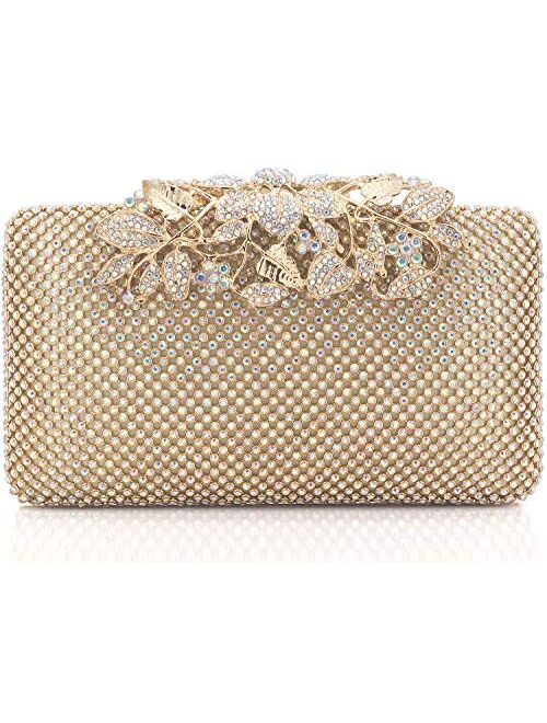 Dexmay Womens Evening Bag with Flower clasp Wedding Handbag Rhinestone Crystal Clutch Purse