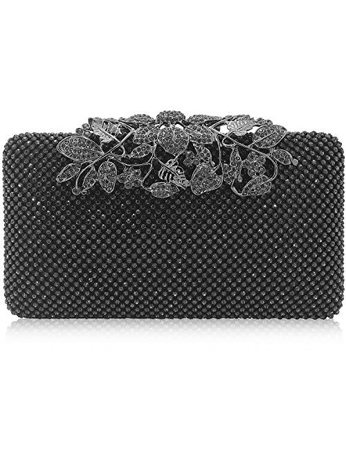 Dexmay Womens Evening Bag with Flower clasp Wedding Handbag Rhinestone Crystal Clutch Purse