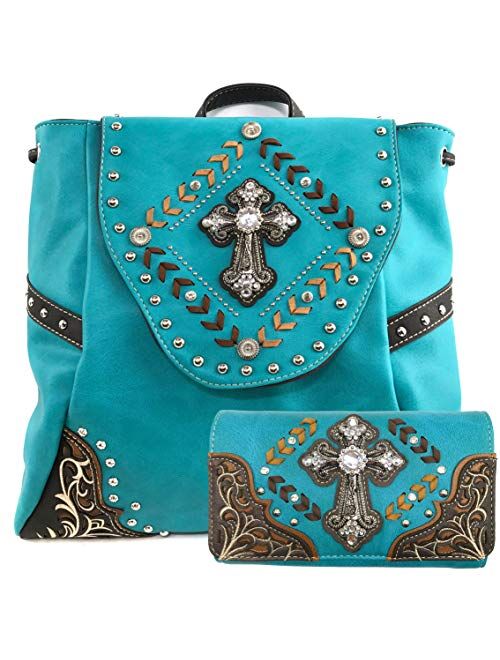 Justin West Trendy Western Cross Rhinestone Conceal Carry Women Backpack Purse