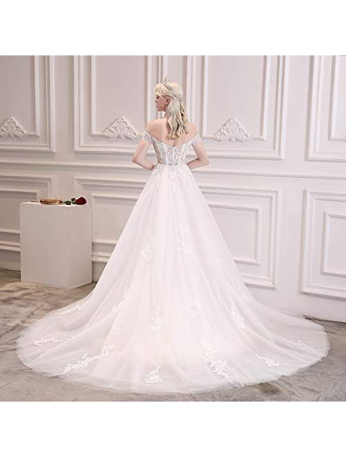 Yisha Bello Women's Off The Shoulder Wedding Dress for Bride Applique Beaded Tull A-Line Bridal Gown with Detachable Train