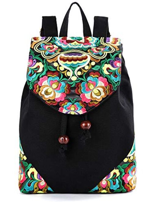 Embroidered Women's Backpack Purse, Cotton Canvas Shoulder Bag Daypack Travel Handbag