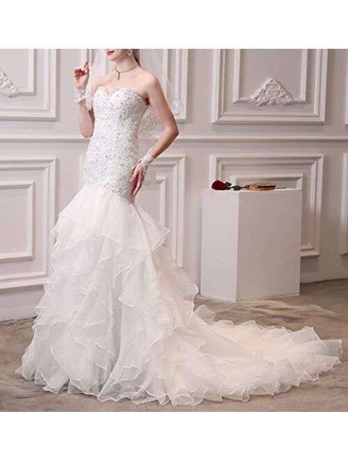 Wanshaqin Womens Mermaid Sweetheart Strapless Beaded Wedding Dress for Brides Organza Ruffled Bridal Gowns Plus Size