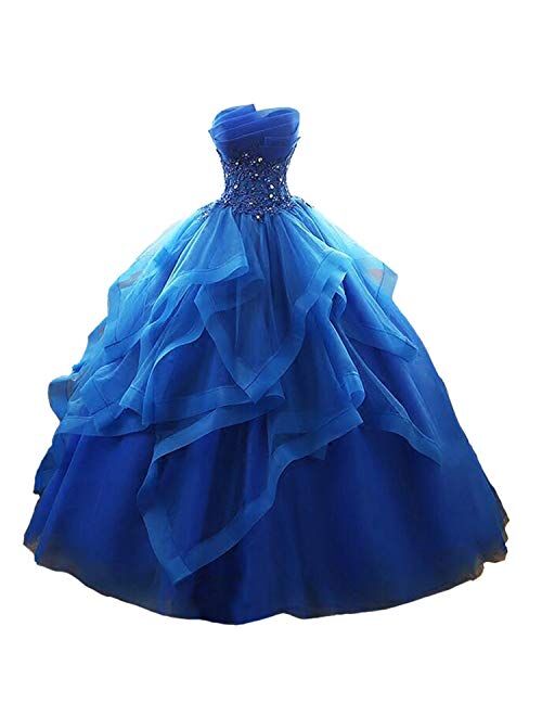 Prom Dress Long Ruffles Ball Gown Long Quinceanera Dresses Strapless Lace Beaded Prom Dress Princess Gowns