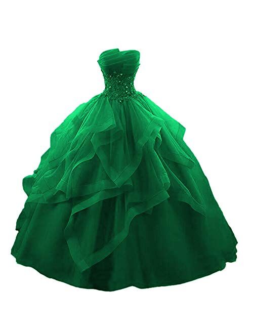 Prom Dress Long Ruffles Ball Gown Long Quinceanera Dresses Strapless Lace Beaded Prom Dress Princess Gowns