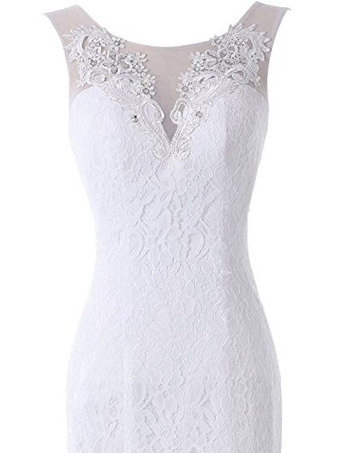 Pretygirl Women's Lace Wedding Dress V Neck Bridal Gown Long Evening Dress