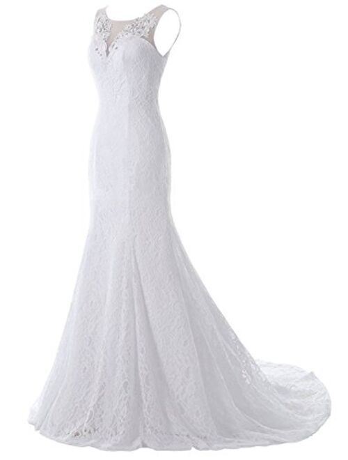 Pretygirl Women's Lace Wedding Dress V Neck Bridal Gown Long Evening Dress